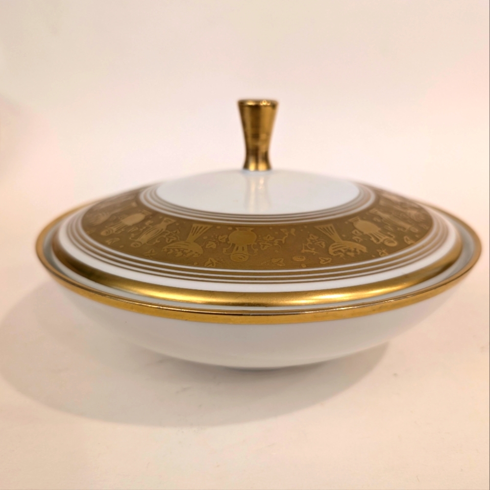 VTG 1960's Bavaria Elfenbein Porzellan Serving Bowl with Lid Gold Painted MCM